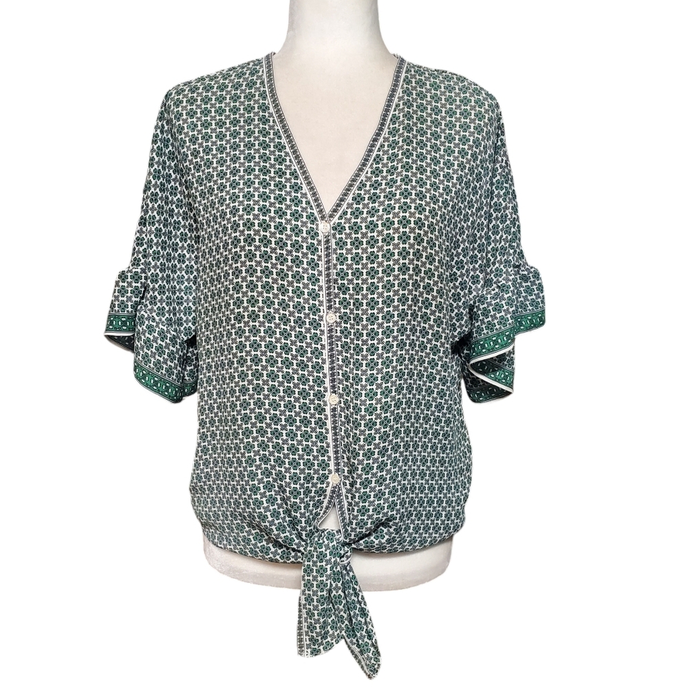Max Studio Womens Ruffle Sleeve Printed Tie Front Blouse Size Small
